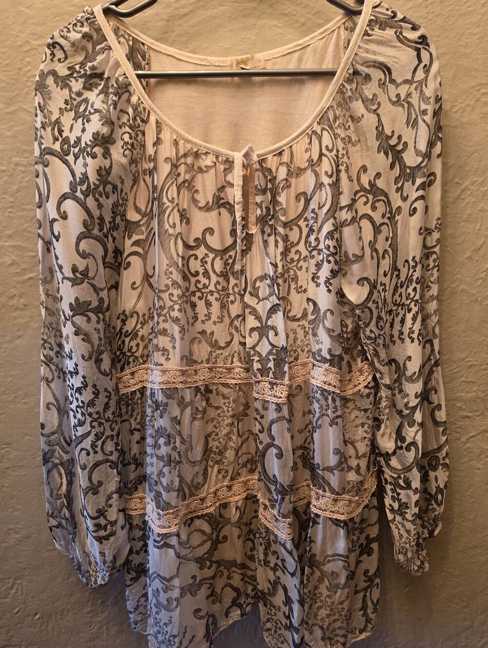 Made in Italy Silk Blend Sheer Baroque Paisley Boho Tunic Blouse S